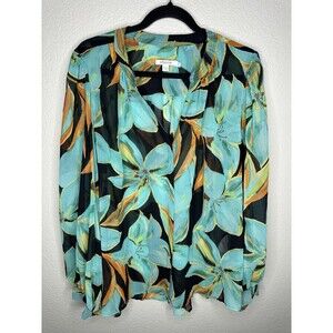 Chico's Blouse Womens 3.5 US 18 Black Teal Floral Sheer Boho Long Sleeve Peasant